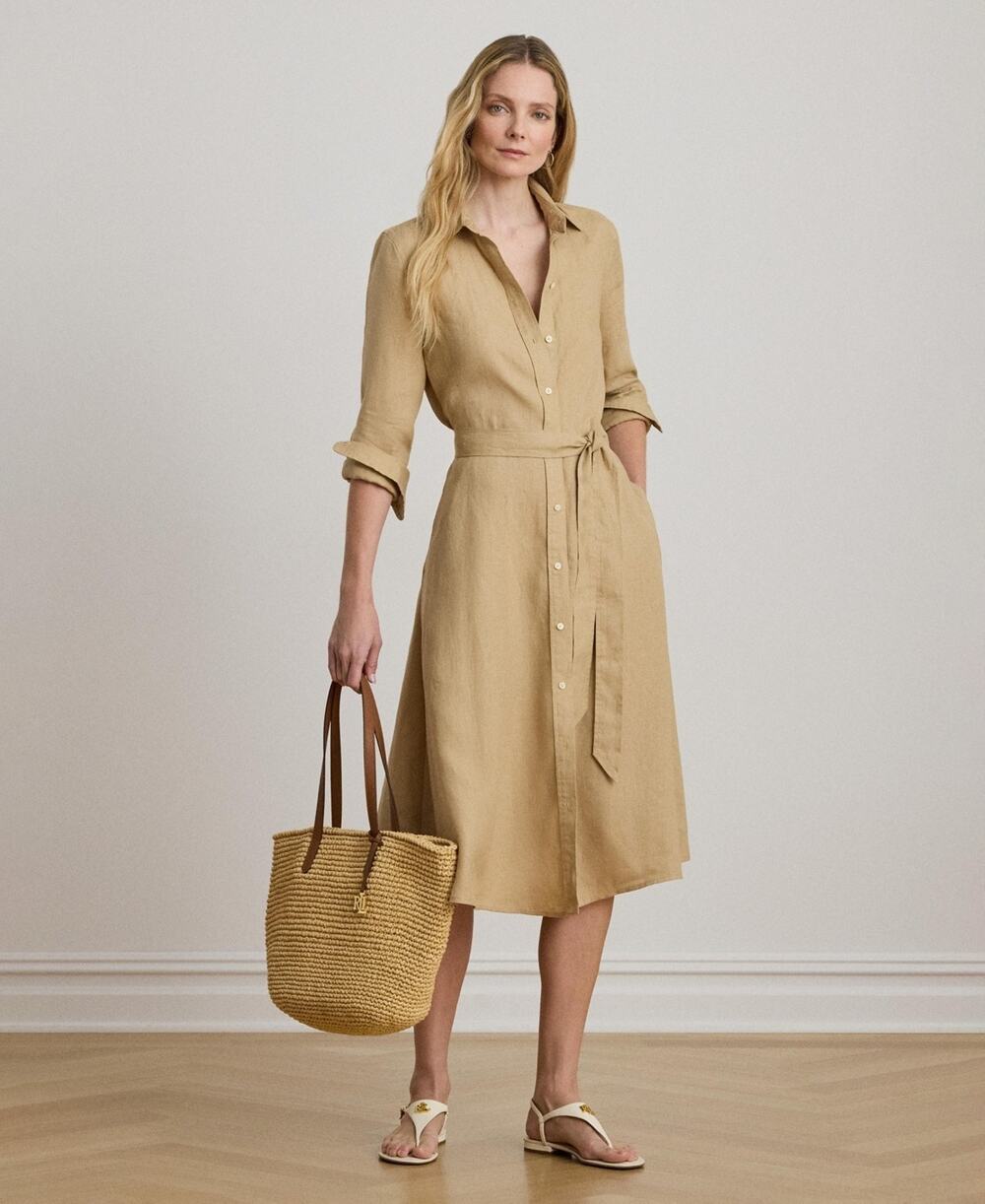 Lauren Ralph Lauren Women's Belted Collared Shirt Dress Tan Size 14 2969